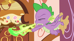 Size: 1600x900 | Tagged: safe, screencap, character:spike, species:dragon, episode:the big mac question, g4, my little pony: friendship is magic, fire, fire breath, flying, solo, winged spike