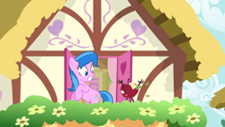 Size: 1600x900 | Tagged: safe, screencap, species:pony, episode:the big mac question, g4, my little pony: friendship is magic, background pony, female, flower, garden, house, jumpscare, lemonade twirl, living apple, mare, ponyville, scared, solo
