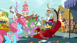 Size: 1600x900 | Tagged: safe, screencap, character:cup cake, character:discord, character:spike, species:dragon, episode:the big mac question, g4, my little pony: friendship is magic, book, carrot, chair, chaos, cup, drink, flower, food, fruit stand, glasses, house, ponyville, recliner, relaxing, sitting, sugarcube corner, tea, teacup, winged spike