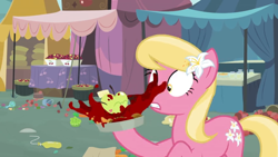 Size: 1600x900 | Tagged: safe, screencap, character:lily, character:lily valley, episode:the big mac question, g4, my little pony: friendship is magic, apple, balloon, carrot, cherry, deflated, food, fruit stand, grocery bag, living apple, mess, not blood, pie, solo, splatter