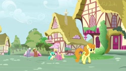Size: 1920x1080 | Tagged: safe, screencap, character:carrot top, character:golden harvest, character:lily, character:lily valley, character:meadow song, character:mint flower, character:royal riff, species:earth pony, species:pony, episode:the big mac question, g4, my little pony: friendship is magic, 5-year-old, background pony, female, filly, foal, male, mare, ponyville, stallion