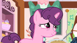 Size: 1600x900 | Tagged: safe, screencap, character:sugar belle, episode:the big mac question, g4, my little pony: friendship is magic, admiration, blueberry, bowl, curtain, food, kitchen, shelf, solo