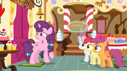 Size: 1600x900 | Tagged: safe, screencap, character:apple bloom, character:scootaloo, character:sugar belle, character:sweetie belle, species:pegasus, species:pony, episode:the big mac question, g4, my little pony: friendship is magic, bell, carpet, column, cupcake, cutie mark crusaders, dessert, door, food, levitation, magic, mat, pie, stairs, telekinesis, worried