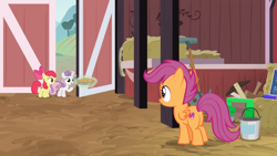 Size: 1600x900 | Tagged: safe, screencap, character:apple bloom, character:scootaloo, character:sweetie belle, species:pegasus, species:pony, episode:the big mac question, g4, my little pony: friendship is magic, barn, cutie mark crusaders, door, food, hay, levitation, magic, mallet, paint can, pie, ruler, shovel, telekinesis