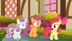 Size: 1600x900 | Tagged: safe, screencap, character:apple bloom, character:scootaloo, character:sweetie belle, species:pegasus, species:pony, episode:the big mac question, g4, my little pony: friendship is magic, bush, cutie mark crusaders, disbelief, food, levitation, magic, pie, telekinesis, window