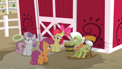 Size: 1600x900 | Tagged: safe, screencap, character:apple bloom, character:granny smith, character:scootaloo, character:sweetie belle, species:pegasus, species:pony, episode:the big mac question, g4, my little pony: friendship is magic, barn, bucket, bucket of water, cutie mark crusaders, fence, food, levitation, looking up, magic, oh no, pail, pie, rocking chair, shadow, shocked, telekinesis