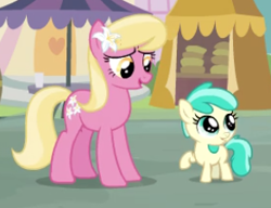 Size: 293x225 | Tagged: safe, screencap, character:lily, character:lily valley, character:mint flower, species:earth pony, species:pony, episode:the big mac question, g4, my little pony: friendship is magic, background pony, cropped, duo, female, filly, flower, flower in hair, foal, lily (flower), mare, raised hoof