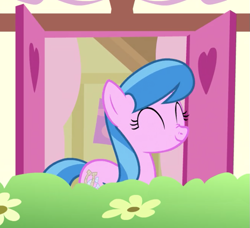 Size: 693x633 | Tagged: safe, screencap, species:earth pony, species:pony, episode:the big mac question, g4, my little pony: friendship is magic, background pony, cropped, eyes closed, female, lemonade twirl, mare, nose wrinkle, shutters, smiling, solo, window
