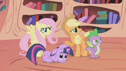 Size: 1280x720 | Tagged: safe, screencap, character:applejack, character:fluttershy, character:spike, character:twilight sparkle, character:twilight sparkle (unicorn), species:dragon, species:pony, species:unicorn, episode:the ticket master, g4, my little pony: friendship is magic, angry, female, floppy ears, golden oaks library, male, mare