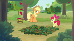 Size: 1280x720 | Tagged: safe, screencap, character:apple bloom, character:applejack, species:pony, episode:going to seed, g4, my little pony: friendship is magic, apple, apple tree, leaves, pit trap, tree
