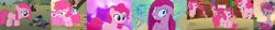Size: 4392x499 | Tagged: safe, screencap, character:pinkamena diane pie, character:pinkie pie, species:earth pony, species:pony, episode:party of one, episode:the cutie mark chronicles, episode:the last problem, episode:too many pinkie pies, friendship is magic: rainbow roadtrip, g4, my little pony: friendship is magic, abstract background, clone, clothing, cropped, cute, deranged, diapinkes, dust bunny, female, filly, filly pinkie pie, grin, hat, madame leflour, mare, messy mane, microphone, older pinkie pie, party hat, pinkie clone, pronking, sad, sir lintsalot, slasher smile, smiling, solo, wall eyed, younger
