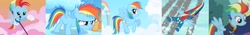 Size: 3444x480 | Tagged: safe, screencap, character:rainbow dash, species:pegasus, species:pony, episode:parental glideance, episode:the cutie mark chronicles, episode:the last problem, g4, my little pony: friendship is magic, age progression, baby, baby dash, clothing, cloud, cloudy, colt, female, filly, flying, goggles, male, mare, older, older rainbow dash, opening, rainbow, sky, solo, theme song, uniform, wonderbolts, wonderbolts uniform, younger