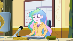 Size: 1920x1080 | Tagged: safe, screencap, character:princess celestia, character:principal celestia, episode:schedule swap, g4, my little pony:equestria girls, blazer, canterlot high, celestia's office, computer, computer mouse, computer screen, desk, female, keyboard, microphone, microphone stand, monitor, solo, watch, wristwatch