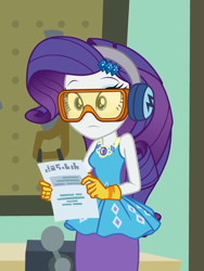 Size: 754x1003 | Tagged: safe, screencap, character:rarity, episode:schedule swap, g4, my little pony:equestria girls, bracelet, canterlot high, classroom, clothing, cropped, earmuffs, female, geode of shielding, gloves, goggles, jewelry, magical geodes, paper, safety goggles, saw, solo, tool board, vise, workbench