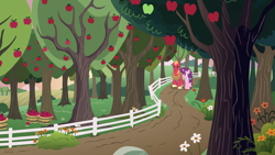 Size: 2020x1136 | Tagged: safe, screencap, character:big mcintosh, character:sugar belle, species:earth pony, species:pony, species:unicorn, episode:the big mac question, g4, my little pony: friendship is magic, apple, apple orchard, apple tree, basket, duo, female, fence, food, male, mare, orchard, path, stallion, sweet apple acres, tree