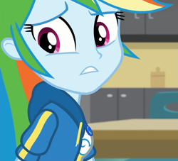 Size: 1187x1080 | Tagged: safe, screencap, character:rainbow dash, episode:schedule swap, g4, my little pony:equestria girls, anxiety, canterlot high, classroom, clothing, cropped, female, geode of super speed, jacket, magical geodes, solo, worried