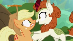 Size: 1280x720 | Tagged: safe, screencap, character:applejack, character:autumn blaze, species:pony, episode:sounds of silence, g4, my little pony: friendship is magic, boop, female, nickelodeon, noseboop