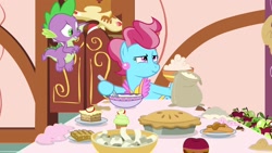 Size: 1920x1080 | Tagged: safe, screencap, character:cup cake, character:spike, species:dragon, species:earth pony, species:pony, episode:the big mac question, g4, my little pony: friendship is magic, apple, baby dragon, baking, bowl, claws, female, flour, flying, food, male, mare, mrs. cake is not amused, narrowed eyes, paper, pie, raised eyebrow, scrunchy face, unamused, winged spike