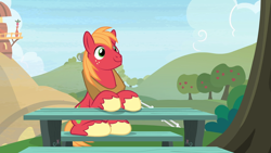 Size: 1280x720 | Tagged: safe, screencap, character:big mcintosh, species:earth pony, species:pony, episode:the big mac question, g4, my little pony: friendship is magic, apple, apple tree, cute, cutie mark, food, hill, macabetes, male, smiling, solo, stallion, table, this is fine, tree