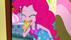 Size: 1920x1080 | Tagged: safe, screencap, character:pinkie pie, equestria girls:rainbow rocks, g4, my little pony:equestria girls, bed, clothing, cute, diapinkes, eyes closed, female, food, happy, mouth hold, pajamas, pinkie being pinkie, pinkie's bedroom, pizza, sleeveless, solo, you're doing it wrong