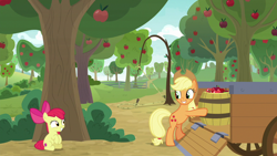 Size: 1280x720 | Tagged: safe, screencap, character:apple bloom, character:applejack, species:pony, episode:going to seed, g4, my little pony: friendship is magic, apple, apple tree, barrel, cart, trap, tree