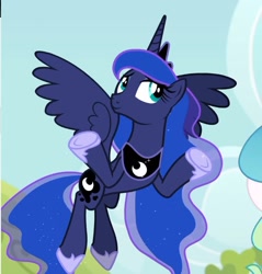 Size: 767x801 | Tagged: safe, screencap, character:princess luna, species:alicorn, species:pony, episode:between dark and dawn, g4, my little pony: friendship is magic, cropped, crown, cutie mark, ethereal mane, eyeshadow, female, flowing mane, flying, hoof shoes, jewelry, makeup, mare, regalia, shrug, smiling, solo focus, spread wings, wings