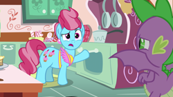 Size: 1920x1080 | Tagged: safe, screencap, character:cup cake, character:spike, species:dragon, species:earth pony, species:pony, episode:the big mac question, g4, my little pony: friendship is magic, apron, claws, clothing, cooking, cutie mark, duo, female, flying, mare, open mouth, oven, raised eyebrow, slit eyes, spread wings, winged spike, wings