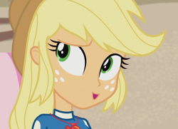 Size: 1494x1080 | Tagged: safe, screencap, character:applejack, episode:lost and found, g4, my little pony:equestria girls, applejack's hat, beach, clothing, cowboy hat, cropped, cute, female, freckles, geode of super strength, hat, jackabetes, looking at you, magical geodes, outdoors, solo, swimsuit
