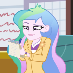 Size: 1005x1014 | Tagged: safe, screencap, character:princess celestia, character:principal celestia, episode:schedule swap, g4, my little pony:equestria girls, blazer, canterlot high, celestia's office, chair, cropped, female, notepad, pen, solo, watch, wristwatch, writing