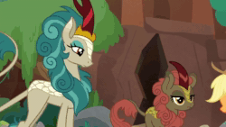 Size: 1920x1080 | Tagged: safe, screencap, character:applejack, character:fluttershy, character:maple brown, character:rain shine, species:earth pony, species:kirin, species:pegasus, species:pony, episode:sounds of silence, g4, my little pony: friendship is magic, animated, applejack's hat, clothing, cowboy hat, cutie mark, emotionless, female, hat, mare, nodding, sound, webm