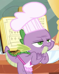 Size: 658x828 | Tagged: safe, screencap, character:spike, episode:just for sidekicks, g4, my little pony: friendship is magic, apron, bowl, chef's hat, clothing, cropped, faec, hat, mixing bowl, recipe, solo, spike is not amused, unamused, wrinkles