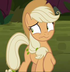 Size: 922x938 | Tagged: safe, screencap, character:mean applejack, species:pony, episode:the mean 6, g4, my little pony: friendship is magic, clone, cropped, nervous, raised hoof, shrunken pupils, solo, wavy mouth