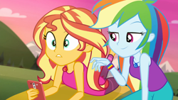 Size: 1920x1080 | Tagged: safe, screencap, character:rainbow dash, character:sunset shimmer, episode:wake up!, g4, my little pony:equestria girls, cellphone, clothing, duo, duo female, female, geode of super speed, magical geodes, mountain, mountain range, outdoors, pants, phone, smartphone, tank top, wake up!: rainbow dash, yoga mat, yoga pants