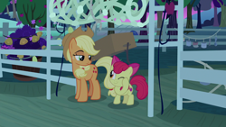Size: 1280x720 | Tagged: safe, screencap, character:apple bloom, character:applejack, species:pony, episode:going to seed, g4, my little pony: friendship is magic, apple, apple tree, box, fence, net, trap, tree