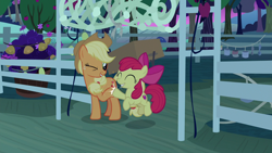 Size: 1280x720 | Tagged: safe, screencap, character:apple bloom, character:applejack, species:pony, episode:going to seed, g4, my little pony: friendship is magic, apple, apple tree, box, fence, high five, net, trap, tree