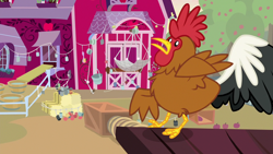 Size: 1280x720 | Tagged: safe, screencap, species:bird, species:chicken, species:rooster, episode:going to seed, g4, my little pony: friendship is magic, apple, apple tree, hay bale, net, sweet apple acres, trap, tree