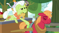 Size: 1280x720 | Tagged: safe, screencap, character:big mcintosh, character:goldie delicious, character:granny smith, episode:going to seed, g4, my little pony: friendship is magic, apple, apple tree, barrel, cart, cat, fence, out of context, sleepy, tree