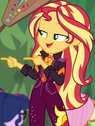 Size: 689x910 | Tagged: safe, screencap, character:applejack, character:fluttershy, character:sunset shimmer, character:twilight sparkle, character:twilight sparkle (scitwi), species:eqg human, equestria girls:sunset's backstage pass, g4, my little pony:equestria girls, belt, clothing, cropped, cute, female, geode of empathy, jacket, lidded eyes, magical geodes, not today, paddle, pants, rainbow dash's paddle, shimmerbetes, sleeveless, sleeveless shirt, smiling