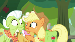 Size: 1920x1080 | Tagged: safe, screencap, character:applejack, character:goldie delicious, character:granny smith, species:pony, episode:going to seed, g4, my little pony: friendship is magic, apple, apple tree, saddle bag, tree