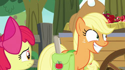 Size: 1280x720 | Tagged: safe, screencap, character:apple bloom, character:applejack, species:pony, episode:going to seed, g4, my little pony: friendship is magic, apple, apple tree, applejack's hat, barrel, bow, cart, clothing, cowboy hat, creepy, creepy smile, disturbed, duo, female, fence, filly, foal, freckles, frown, grin, hair bow, hat, mare, ponytail, saddle bag, shrunken pupils, siblings, sisters, smiling, stetson, tree