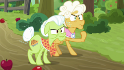 Size: 1280x720 | Tagged: safe, screencap, character:goldie delicious, character:granny smith, episode:going to seed, g4, my little pony: friendship is magic, apple, apple tree, fence, food, tree