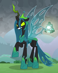 Size: 816x1020 | Tagged: safe, screencap, character:queen chrysalis, species:changeling, episode:the ending of the end, g4, my little pony: friendship is magic, annoyed, armor, bewitching bell, changeling queen, cropped, fangs, female, former queen chrysalis, glare, grogar's bell, hoof shoes, insect wings, raised hoof, snarling, solo, ultimate chrysalis, wings