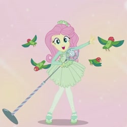 Size: 560x560 | Tagged: safe, screencap, character:fluttershy, species:bird, episode:so much more to me, g4, my little pony:equestria girls, clothing, cropped, cute, dress, flying, microphone, shyabetes, solo