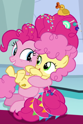 Size: 552x820 | Tagged: safe, screencap, character:li'l cheese, character:pinkie pie, species:earth pony, species:pony, episode:the last problem, g4, my little pony: friendship is magic, all is well, candy, cropped, cute, cutie mark, dangerously cute, female, foal, food, happy go lucky, holding, like mother like son, looking at each other, male, mother, mother and child, mother and son, older, older pinkie pie, open mouth, rubber duck, sitting, smiling, sprinkles, time skip, too cute