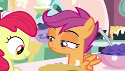 Size: 1920x1080 | Tagged: safe, screencap, character:apple bloom, character:scootaloo, species:earth pony, species:pegasus, species:pony, episode:the big mac question, g4, my little pony: friendship is magic, batter, bowl, food