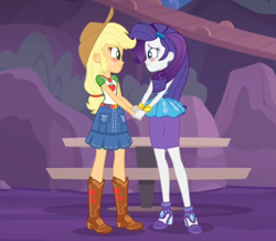 Size: 500x435 | Tagged: safe, screencap, character:applejack, character:rarity, equestria girls:rollercoaster of friendship, g4, my little pony:equestria girls, applejack's hat, belt, blushing, clothing, cowboy hat, cropped, denim skirt, female, geode of shielding, geode of super strength, hat, high heels, holding hands, magical geodes, photo, shipping fuel, shoes, skirt, stetson