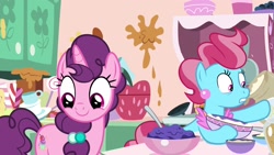 Size: 1920x1080 | Tagged: safe, screencap, character:cup cake, character:sugar belle, species:earth pony, species:pony, species:unicorn, episode:the big mac question, g4, my little pony: friendship is magic, batter, bowl, cute, cute cake, duo, duo female, female, food, mare, smiling, spoon, sugarbetes, sugarcube corner
