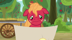 Size: 1280x720 | Tagged: safe, screencap, character:big mcintosh, species:pony, episode:going to seed, g4, my little pony: friendship is magic, apple, apple tree, cart, floppy ears, map, solo, tree