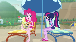 Size: 1280x720 | Tagged: safe, screencap, character:pinkie pie, character:twilight sparkle, character:twilight sparkle (scitwi), species:eqg human, episode:friendship math, g4, my little pony:equestria girls, barefoot, clothing, feet, female, flip-flops, legs, magazine, one-piece swimsuit, sandals, swimsuit