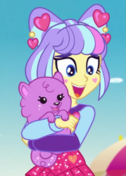 Size: 753x1050 | Tagged: safe, screencap, character:supernova zap, species:dog, episode:lost and pound, g4, my little pony:equestria girls, cropped, cute, female, happy, heart, hug, lost and pound: spike, princess thunder guts, puppy, smiling, su-z, su-z-betes, supernova zap